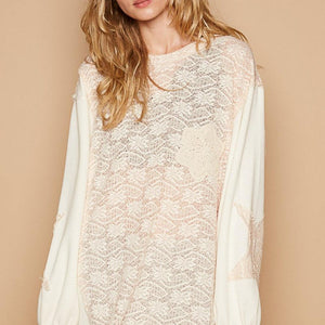 POL Round Neck Long Sleeve Crochet Patches Top