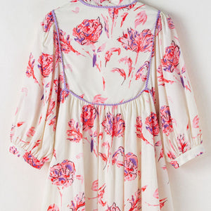 Tied Flower Printed Three-Quarter Sleeve Dress