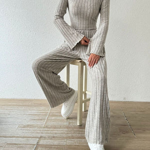 Ribbed V-Neck Long Sleeve Top and Pocketed Pants Set