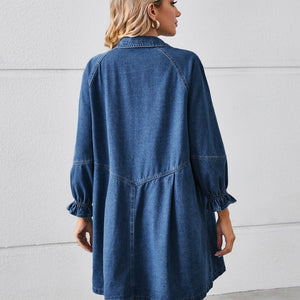 Button Up Flounce Sleeve Mini Denim Dress