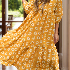 Floral Collared Neck Three-Quarter Sleeve Dress