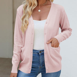 Pocketed V-Neck Button Up Long Sleeve Cardigan