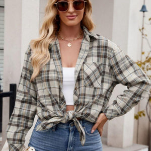 Mandy Pocketed Plaid Collared Neck Long Sleeve Shirt