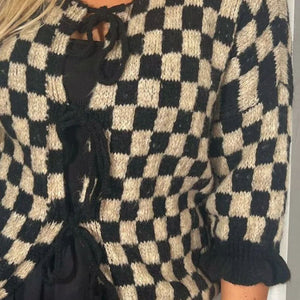 Double Take Tied Checkered Dropped Shoulder Flounce Sleeve Cardigan