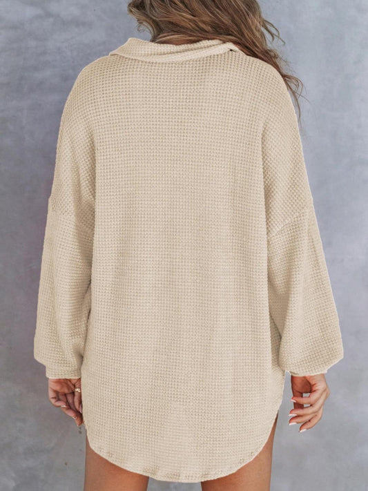 Waffle-Knit Dropped Shoulder Long Sleeve Sweatshirt