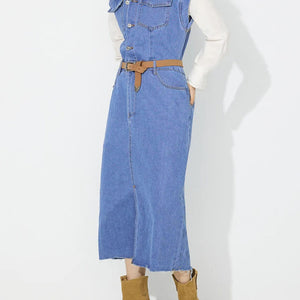 Slit Half Button Collared Neck Cap Sleeve Denim Dress