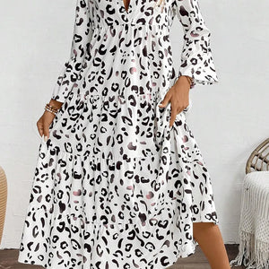 Tiered Leopard Notched Three-Quarter Sleeve Dress