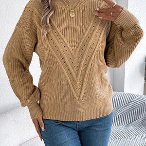 Openwork Round Neck Long Sleeve Sweater