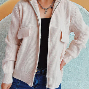 Zip Up Collared Neck Long Sleeve Cardigan