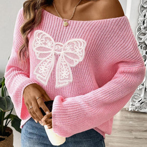 Bow Boat Neck Long Sleeve Sweater