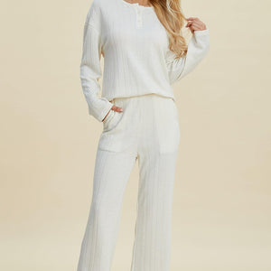 Double Take Full Size Cable-Knit Long Sleeve Top and Pants Set