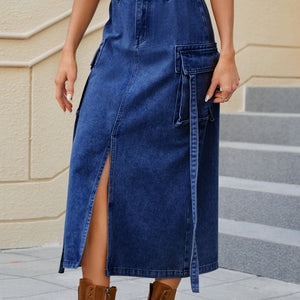 Slit Pocketed High Waist Denim Skirt