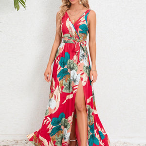 Slit Tied Printed Surplice Dress