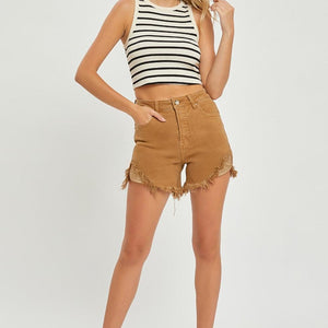 RISEN High Waist Frayed Hem Denim Shorts