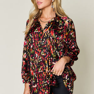 Double Take Full Size Printed Button Up Long Sleeve Shirt