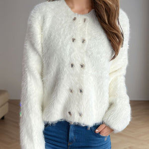 Heart Button Round Neck Cardigan