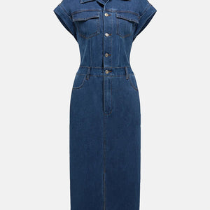 Slit Half Button Collared Neck Cap Sleeve Denim Dress