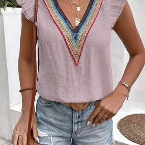 Full Size Ruffled V-Neck Cap Sleeve Blouse