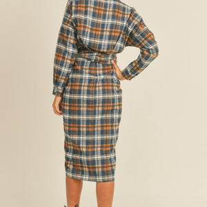 Mable Plaid Flannel Front Tie Button Down Shirt Dress