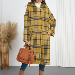 Plaid Double-Breasted Long Sleeve Longline Coat