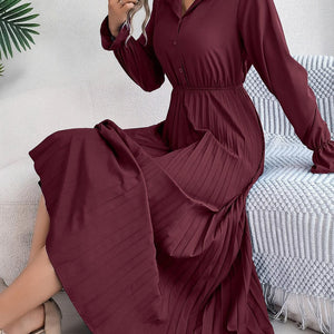 Pleated Half Button Long Sleeve Midi Dress