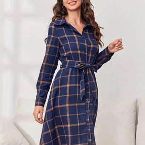 Plaid Tie Waist Long Sleeve Dress