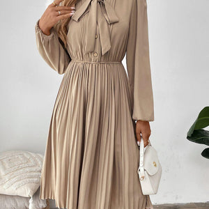 Perfee Pleated Tie Neck Long Sleeve Dress