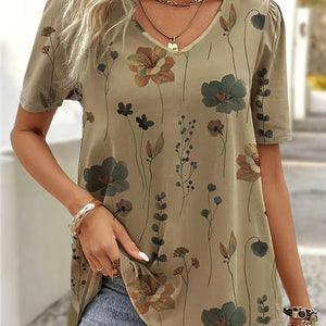 Printed V-Neck Short Sleeve Blouse