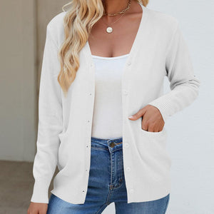 Pocketed V-Neck Button Up Long Sleeve Cardigan