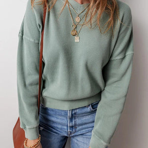 Waffle-Knit Long Sleeve Dropped Shoulder Top