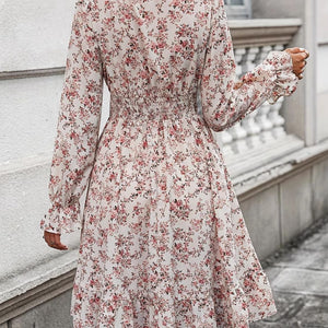 Ruffle Hem Floral Surplice Long Sleeve Dress