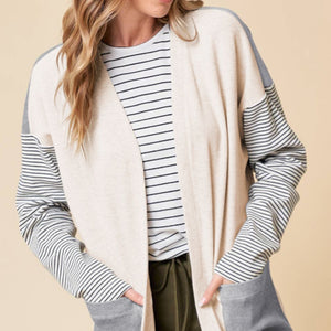 Open Front Long Sleeve Striped Cardigan with Pockets