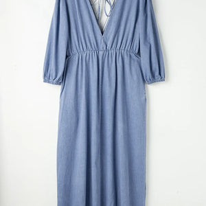 Tied Plunge Three-Quarter Sleeve Denim Dress