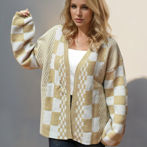 Double Take Checkered Open Front Dropped Shoulder Cardigan