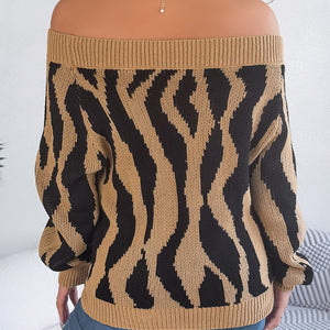 Off-Shoulder Animal Print Long Sleeve Sweater