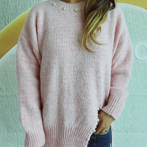 Slit Pearl Trim Round Neck Long Sleeve Sweater