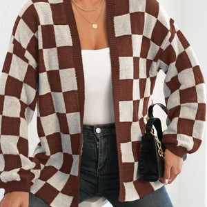 Checkered Open Front Long Sleeve Cardigan