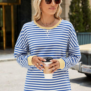 Slit Striped Round Neck Long Sleeve Sweatshirt