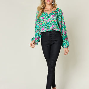 Double Take Full Size Printed Balloon Sleeve Blouse