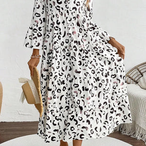 Tiered Leopard Notched Three-Quarter Sleeve Dress