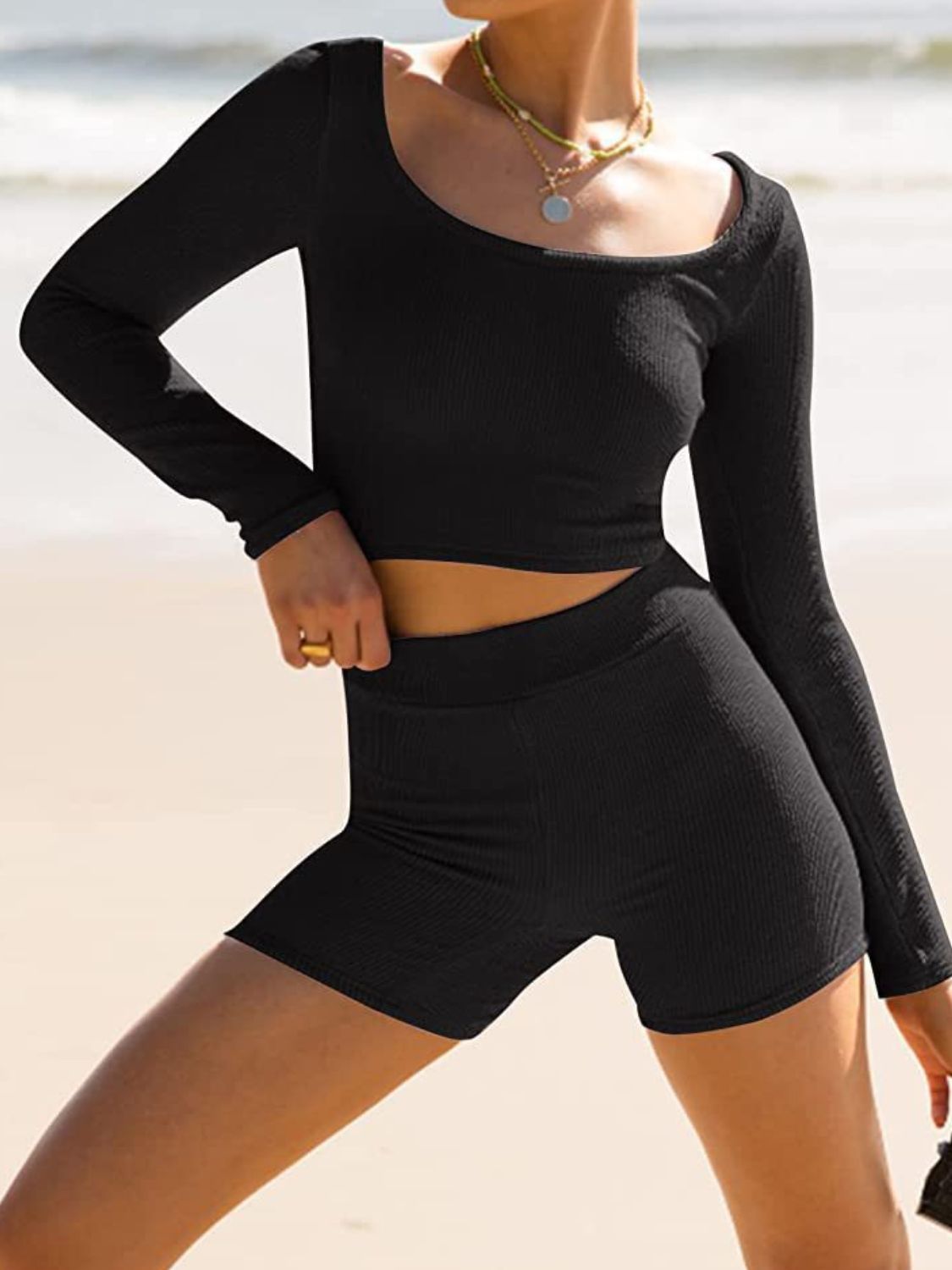 Scoop Neck Long Sleeve Top and Shorts Set