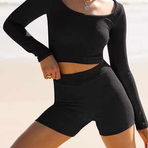 Scoop Neck Long Sleeve Top and Shorts Set