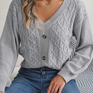 Cable-Knit V-Neck Lantern Sleeve Sweater