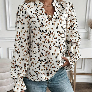 Printed Notched Flounce Sleeve Blouse