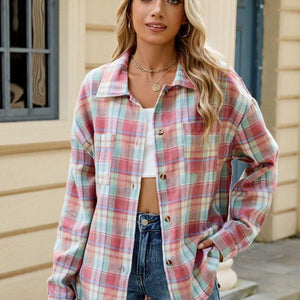 Plaid Collared Neck Long Sleeve Shirt