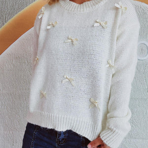 Bow Trim Round Neck Long Sleeve Sweater