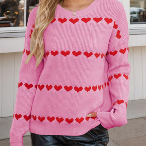 Heart Round Neck Long Sleeve Sweater