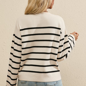 Striped Button Up Round Neck Cardigan