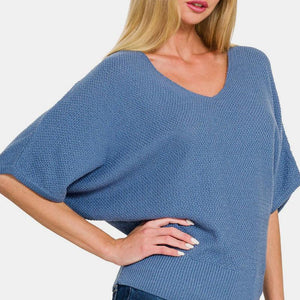 Zenana V-Neck Short Sleeve Dolman Sweater