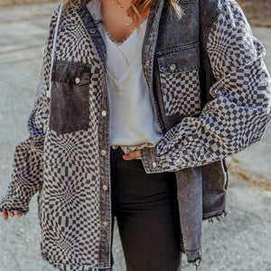 Plaid Snap Down Raw Hem Drawstring Hooded Jacket